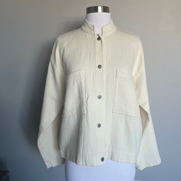 Eileen Fisher Mandarin Collar Channel Casual Pockets Jacket Undyed Ecru Ivory XS - Picture 6 of 14